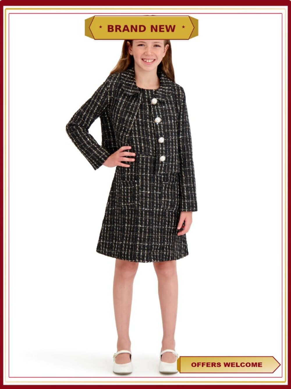 Girls Boucle Dress and Coat Set Sleeveless Pockets Pearl Button Jacket